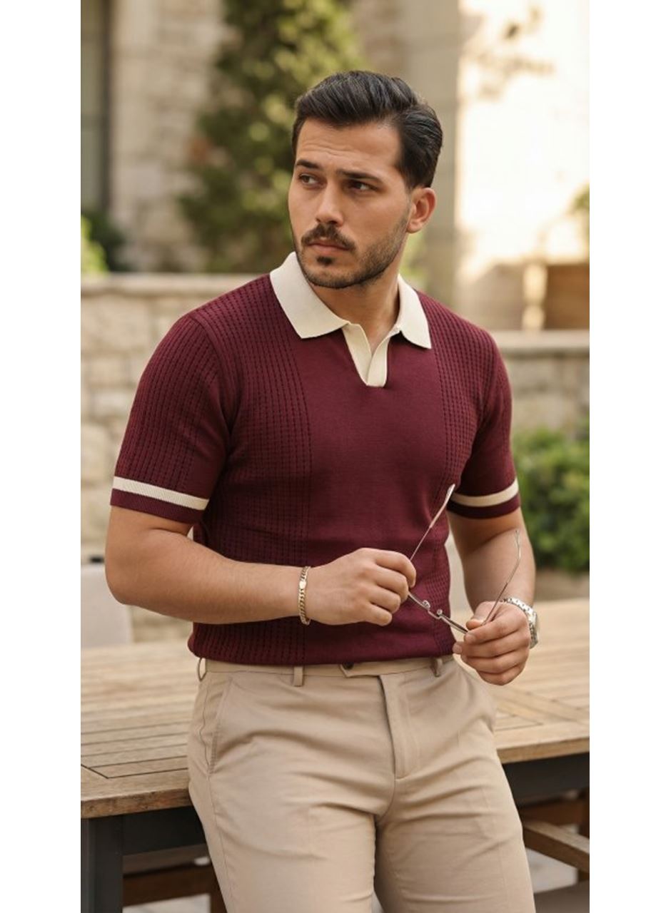 Erkek Renkli Yakalı File Desenli Kısa Kollu Tişört