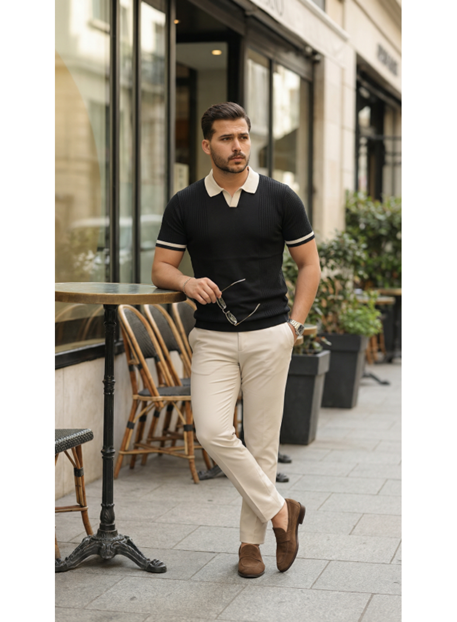 Erkek Renkli Yakalı File Desenli Kısa Kollu Tişört