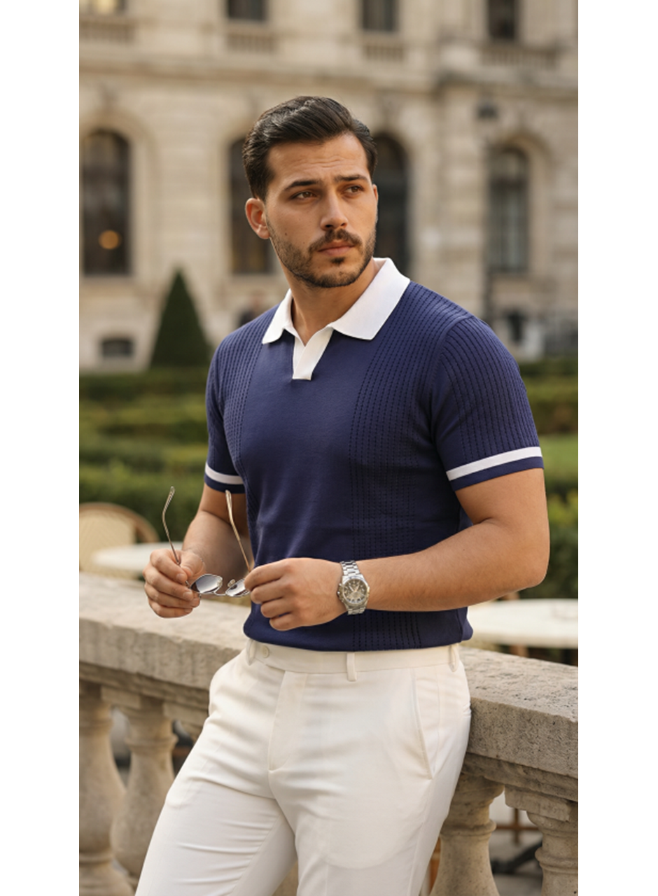 Erkek Renkli Yakalı File Desenli Kısa Kollu Tişört