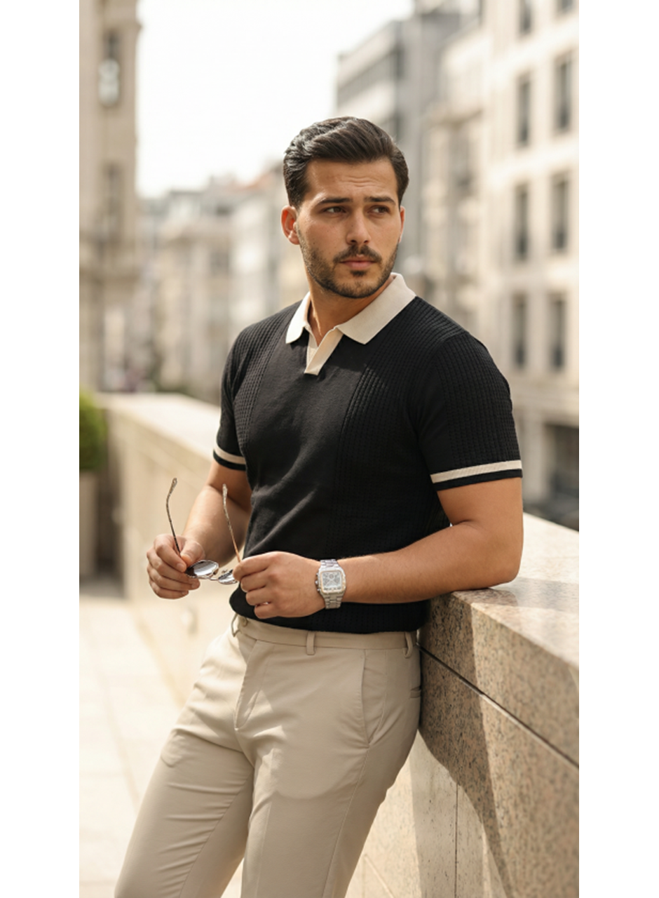 Erkek Renkli Yakalı File Desenli Kısa Kollu Tişört