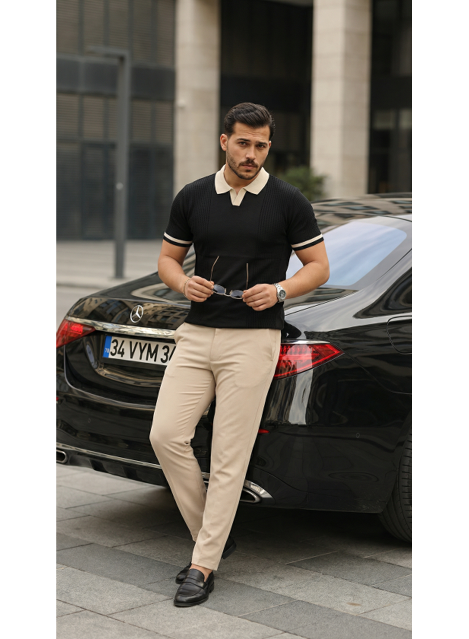 Erkek Renkli Yakalı File Desenli Kısa Kollu Tişört