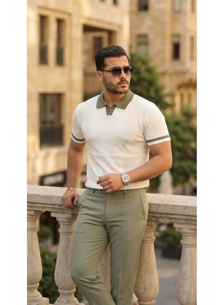 Erkek Renkli Yakalı File Desenli Kısa Kollu Tişört