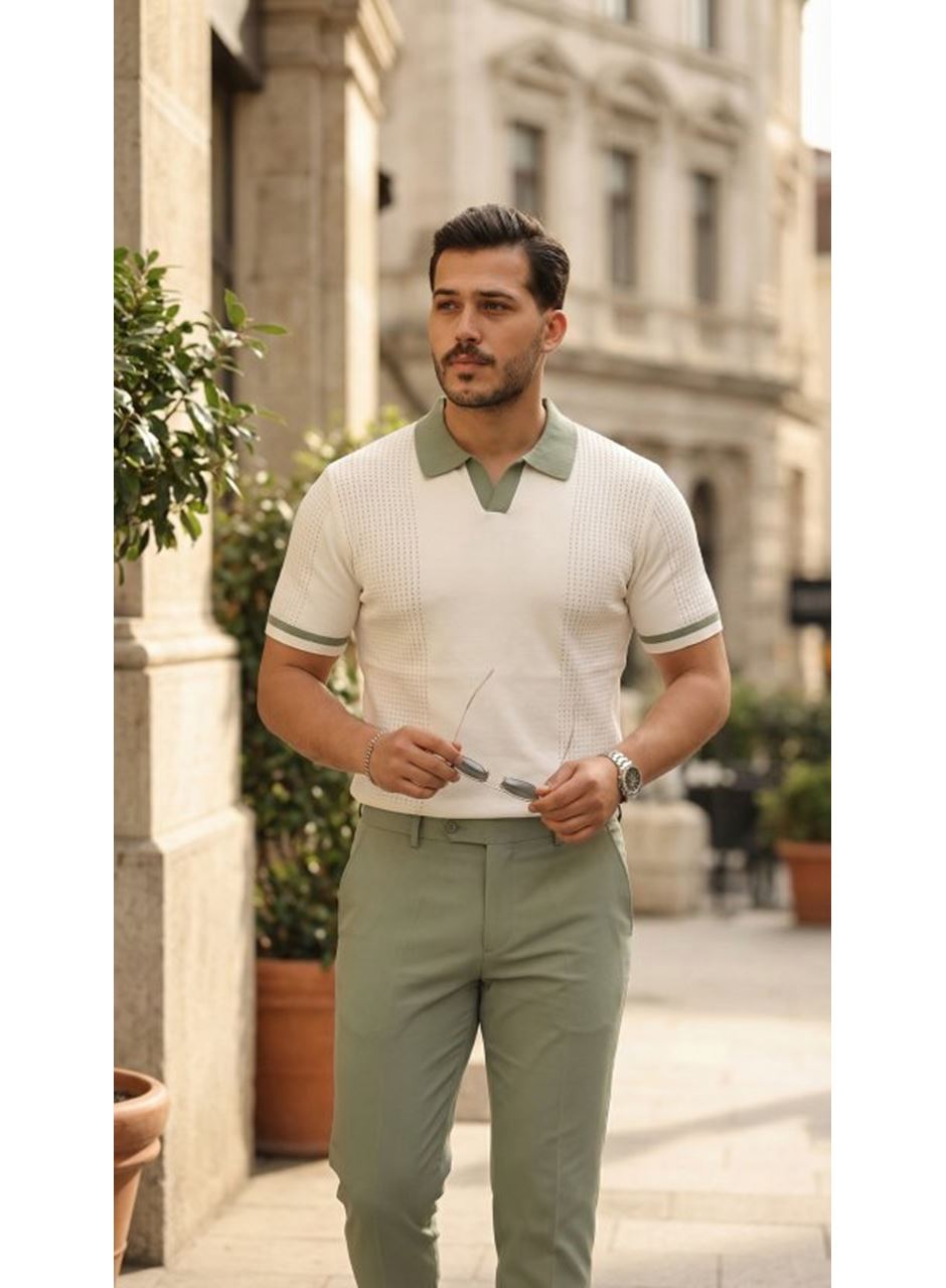 Erkek Renkli Yakalı File Desenli Kısa Kollu Tişört