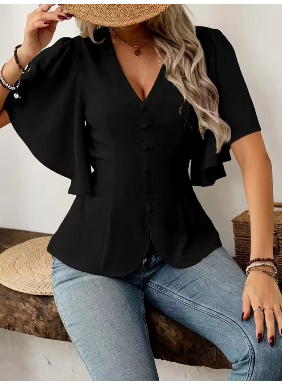 Kadın Kısa Kollu önden Düğmeli Ithal Krep Bluz