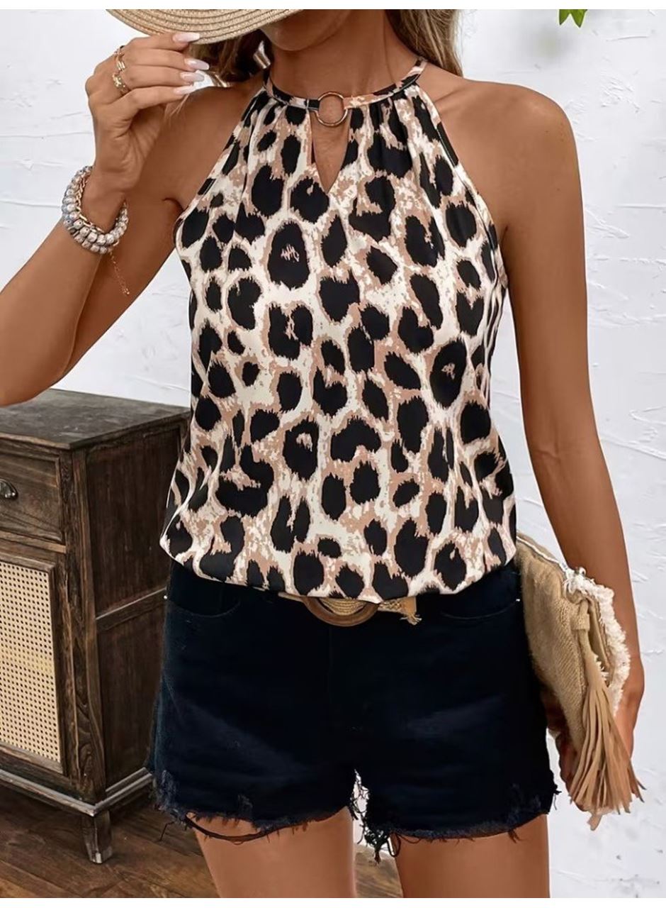 Kadın Uzun Kollu Boyundan Halka Detaylı Leopar Süprem Bluz