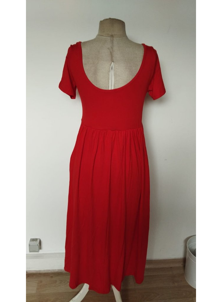 Kadın Kısa Kollu Yuvarlak Yaka önden Yırtmaçlı Cepli Viskon Uzun Elbise