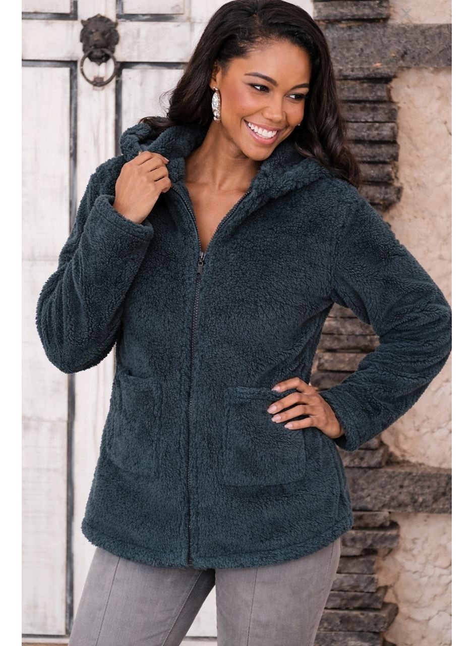 Kadın Uzun Kollu Kapşonlu önden Fermuarlı Cepli Welsoft Ceket