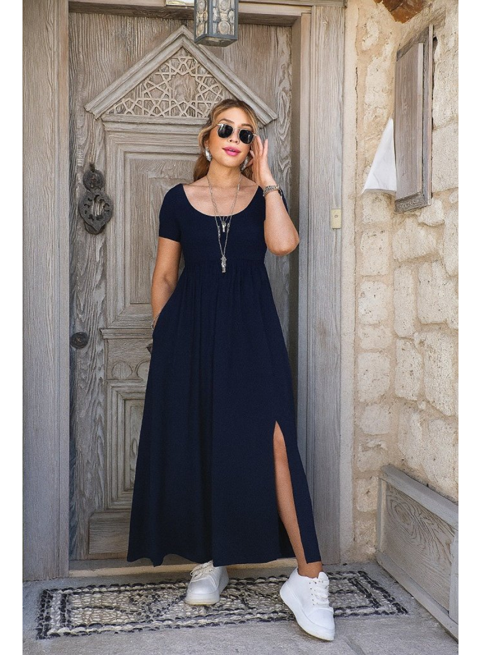 Kadın Kısa Kollu Yuvarlak Yaka önden Yırtmaçlı Cepli Viskon Uzun Elbise