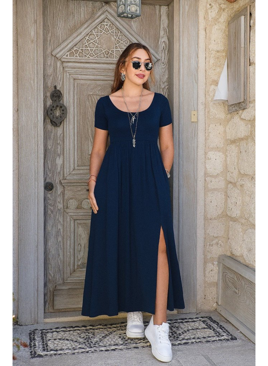 Kadın Kısa Kollu Yuvarlak Yaka önden Yırtmaçlı Cepli Viskon Uzun Elbise