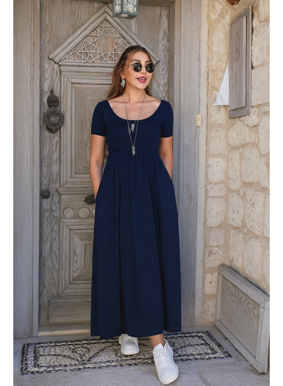 Kadın Kısa Kollu Yuvarlak Yaka önden Yırtmaçlı Cepli Viskon Uzun Elbise