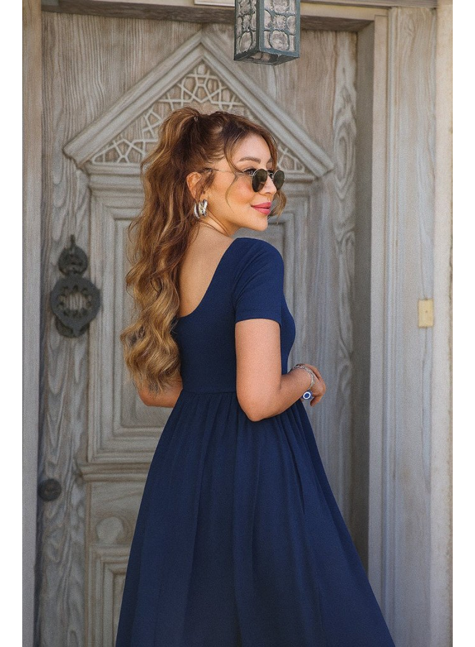 Kadın Kısa Kollu Yuvarlak Yaka önden Yırtmaçlı Cepli Viskon Uzun Elbise