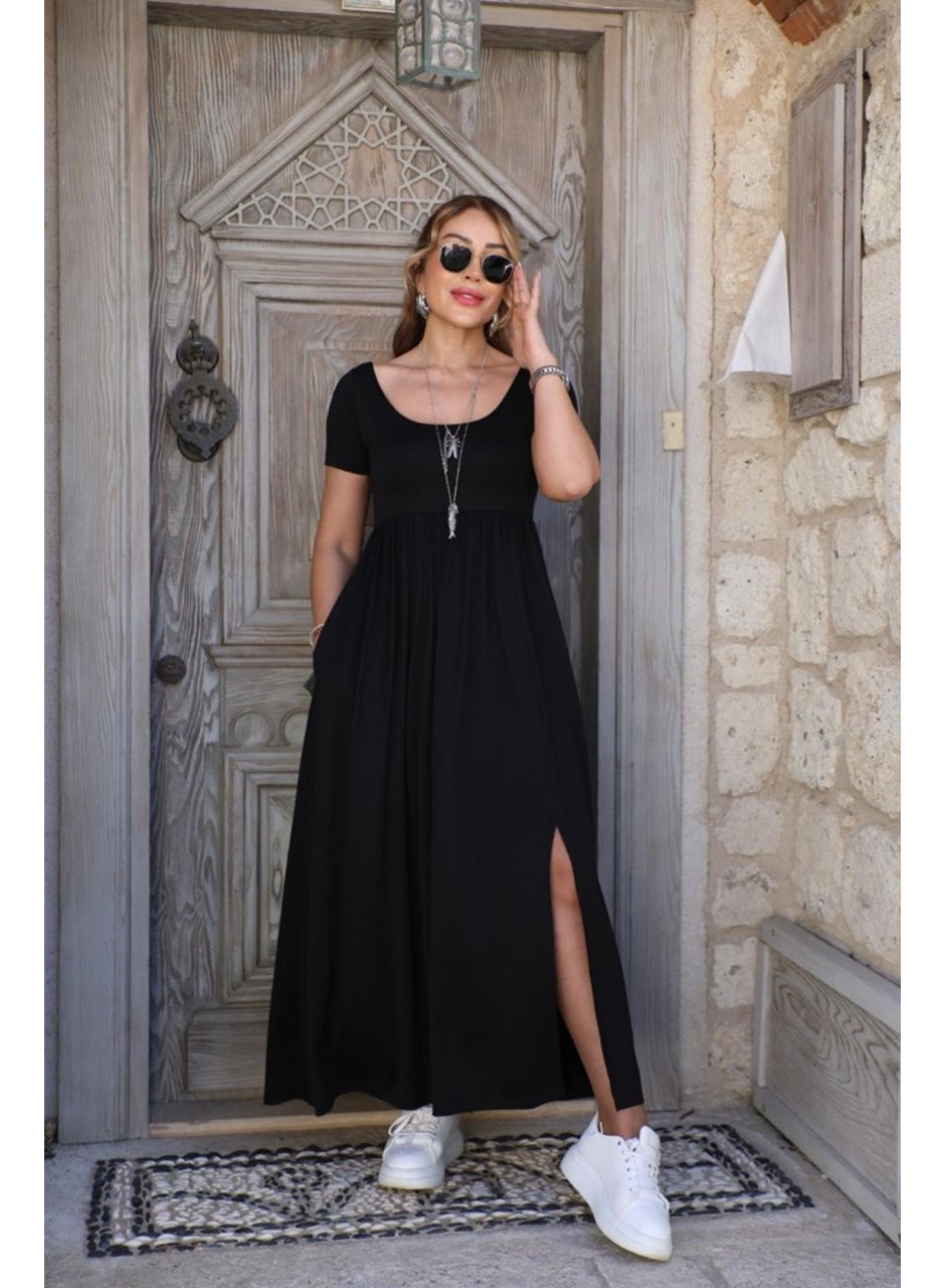 Kadın Kısa Kollu Yuvarlak Yaka önden Yırtmaçlı Cepli Viskon Uzun Elbise