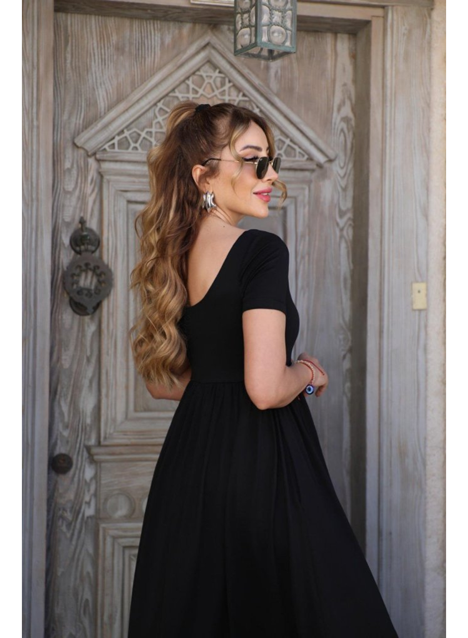 Kadın Kısa Kollu Yuvarlak Yaka önden Yırtmaçlı Cepli Viskon Uzun Elbise