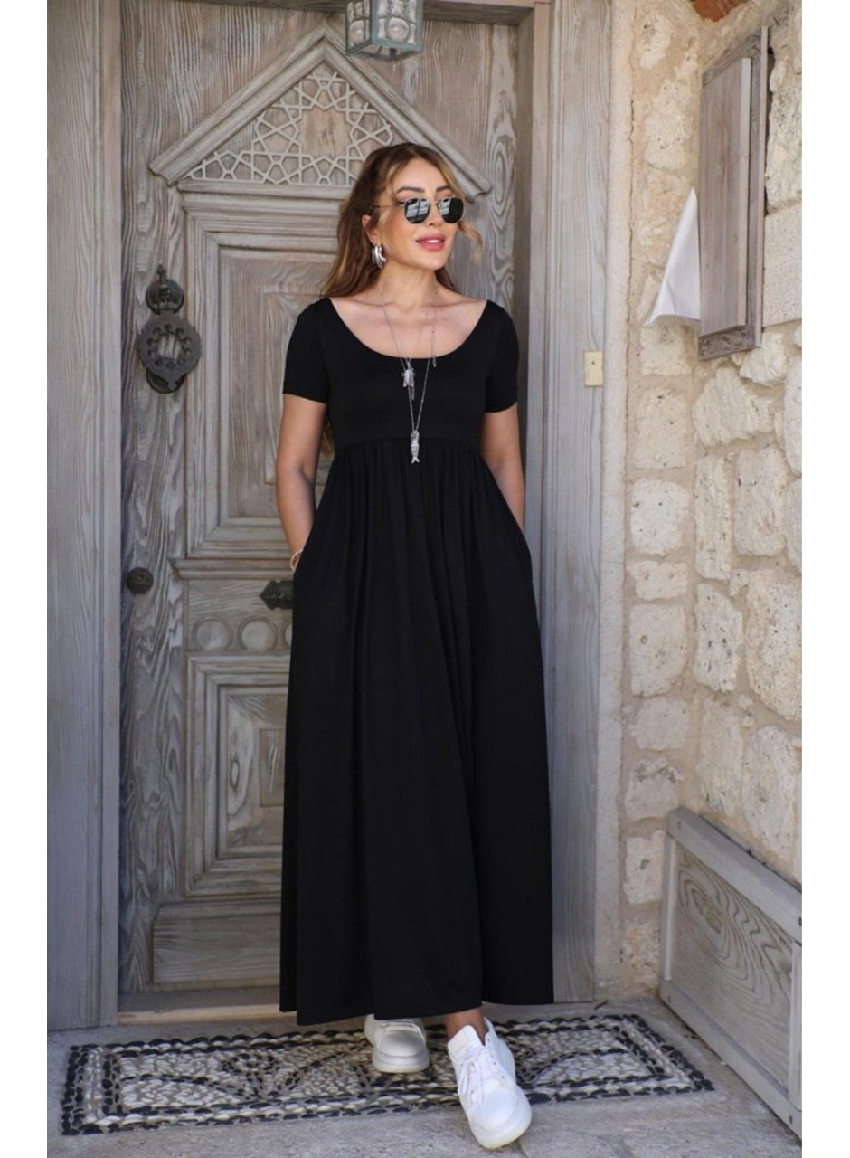 Kadın Kısa Kollu Yuvarlak Yaka önden Yırtmaçlı Cepli Viskon Uzun Elbise