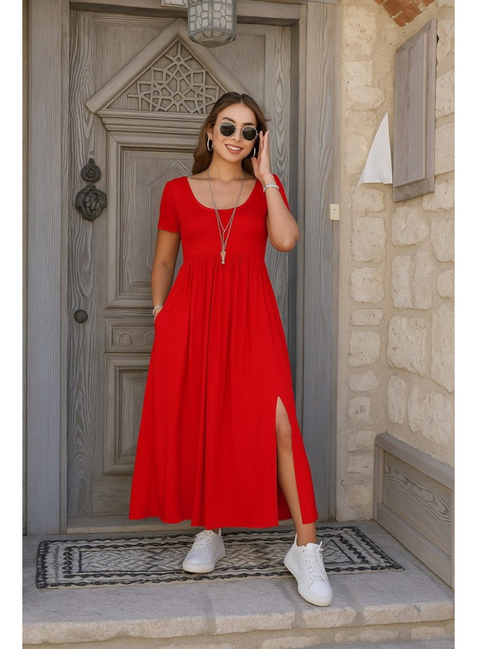 Kadın Kısa Kollu Yuvarlak Yaka önden Yırtmaçlı Cepli Viskon Uzun Elbise