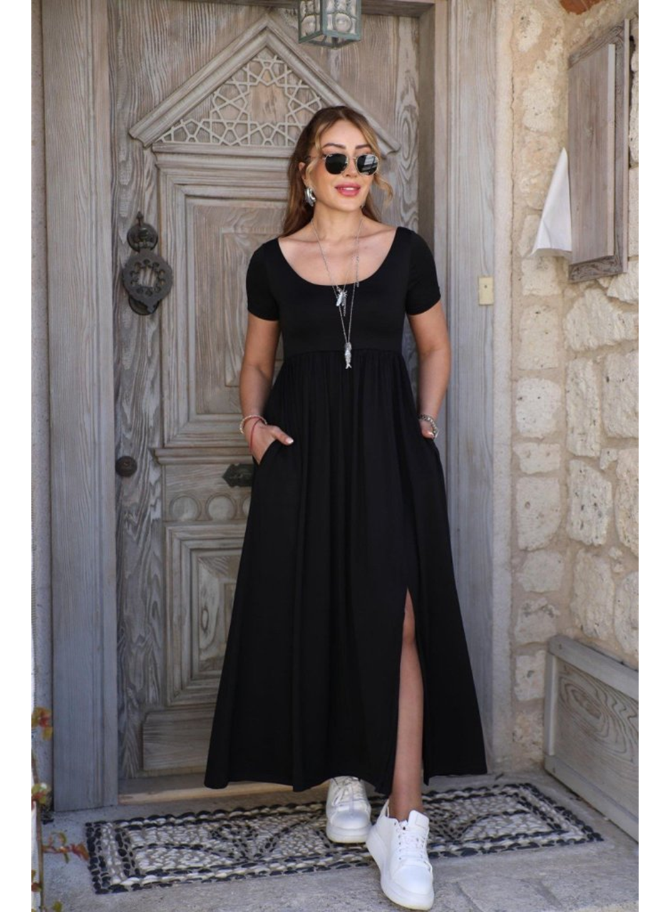 Kadın Kısa Kollu Yuvarlak Yaka önden Yırtmaçlı Cepli Viskon Uzun Elbise