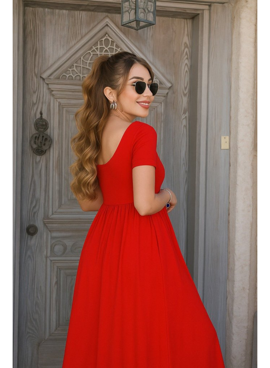 Kadın Kısa Kollu Yuvarlak Yaka önden Yırtmaçlı Cepli Viskon Uzun Elbise