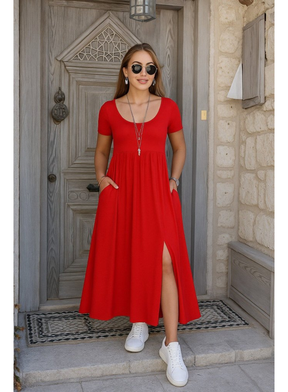 Kadın Kısa Kollu Yuvarlak Yaka önden Yırtmaçlı Cepli Viskon Uzun Elbise