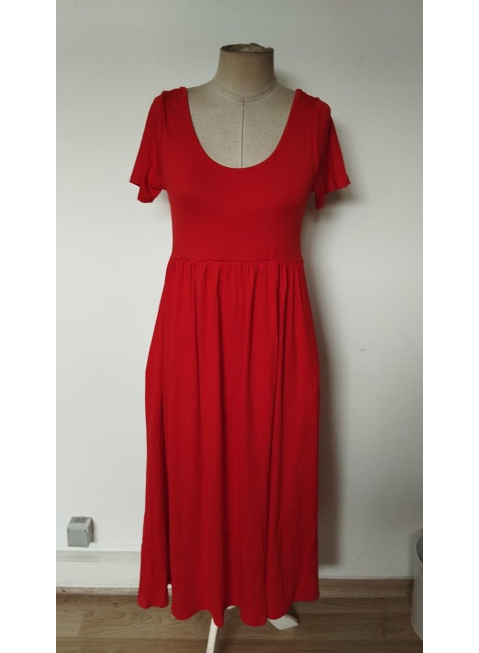 Kadın Kısa Kollu Yuvarlak Yaka önden Yırtmaçlı Cepli Viskon Uzun Elbise