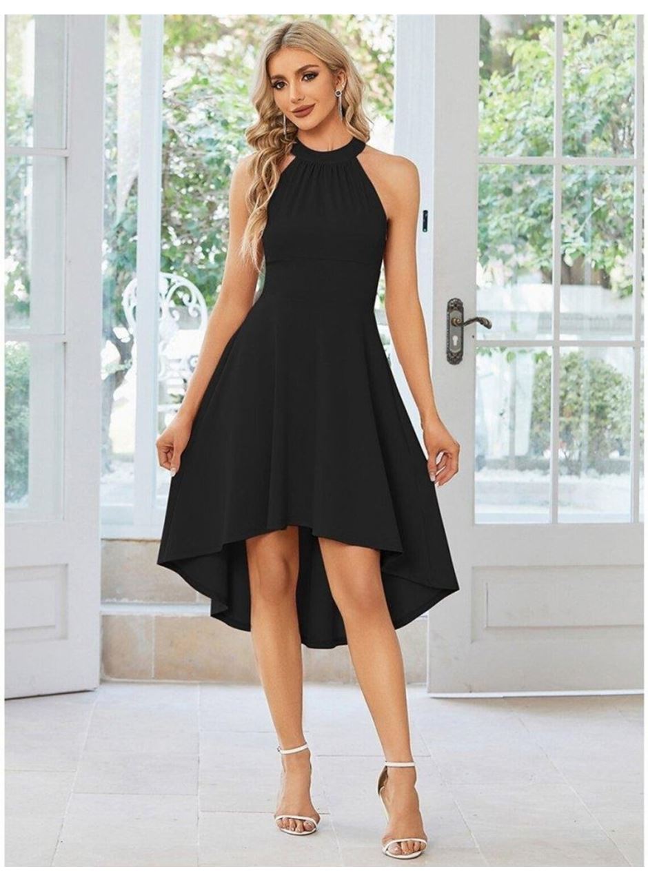 Kadın Omuzlardan Açık Boyundan Halka Detaylı Görünümlü Asimetrik Detaylı Kısa Ithal Krep Elbise