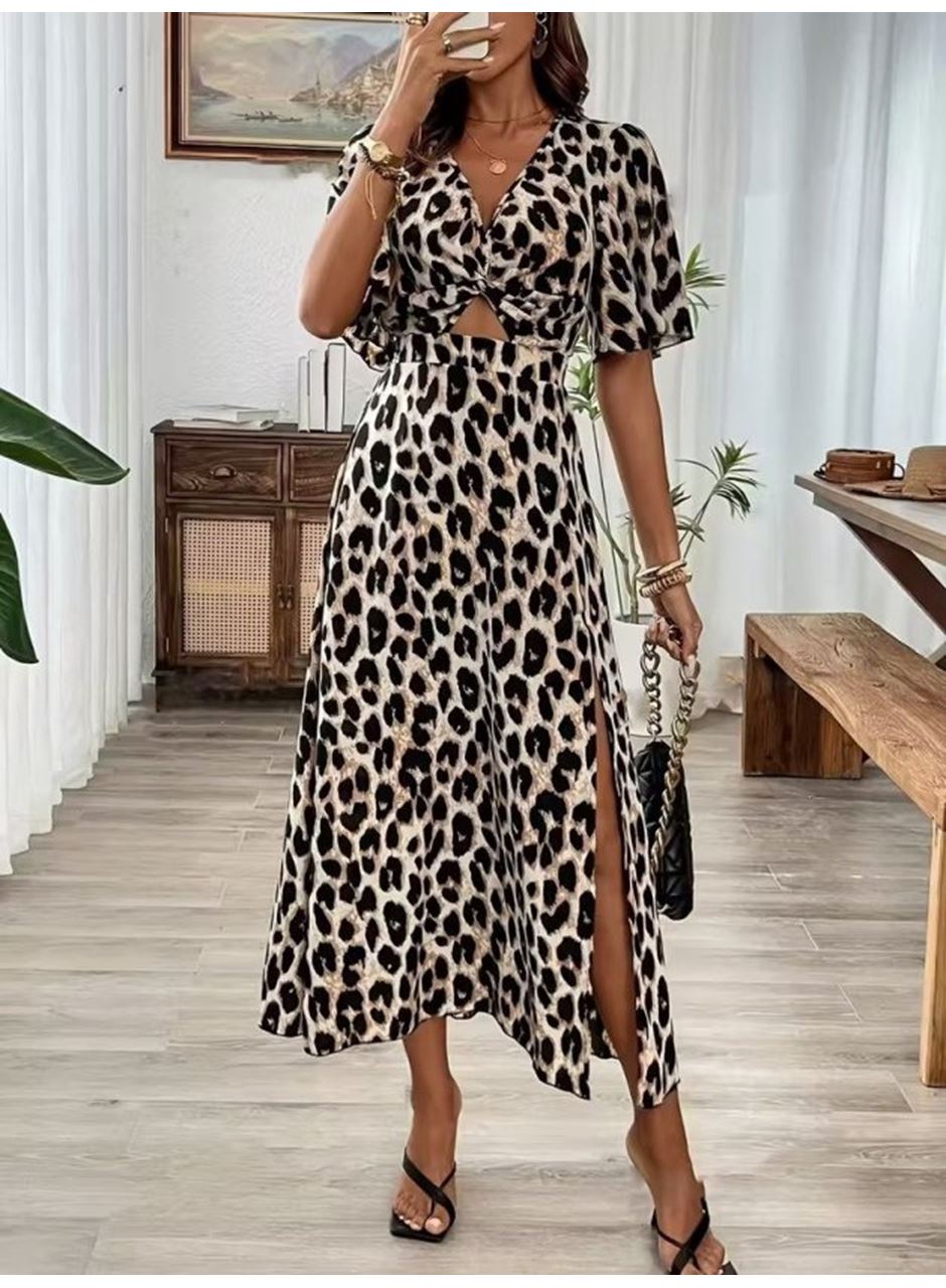 Kadın Kısa Kollu V Yakalı Beli Lastikli Yırtmaçlı Uzun Leopar Desenli Süprem Elbise