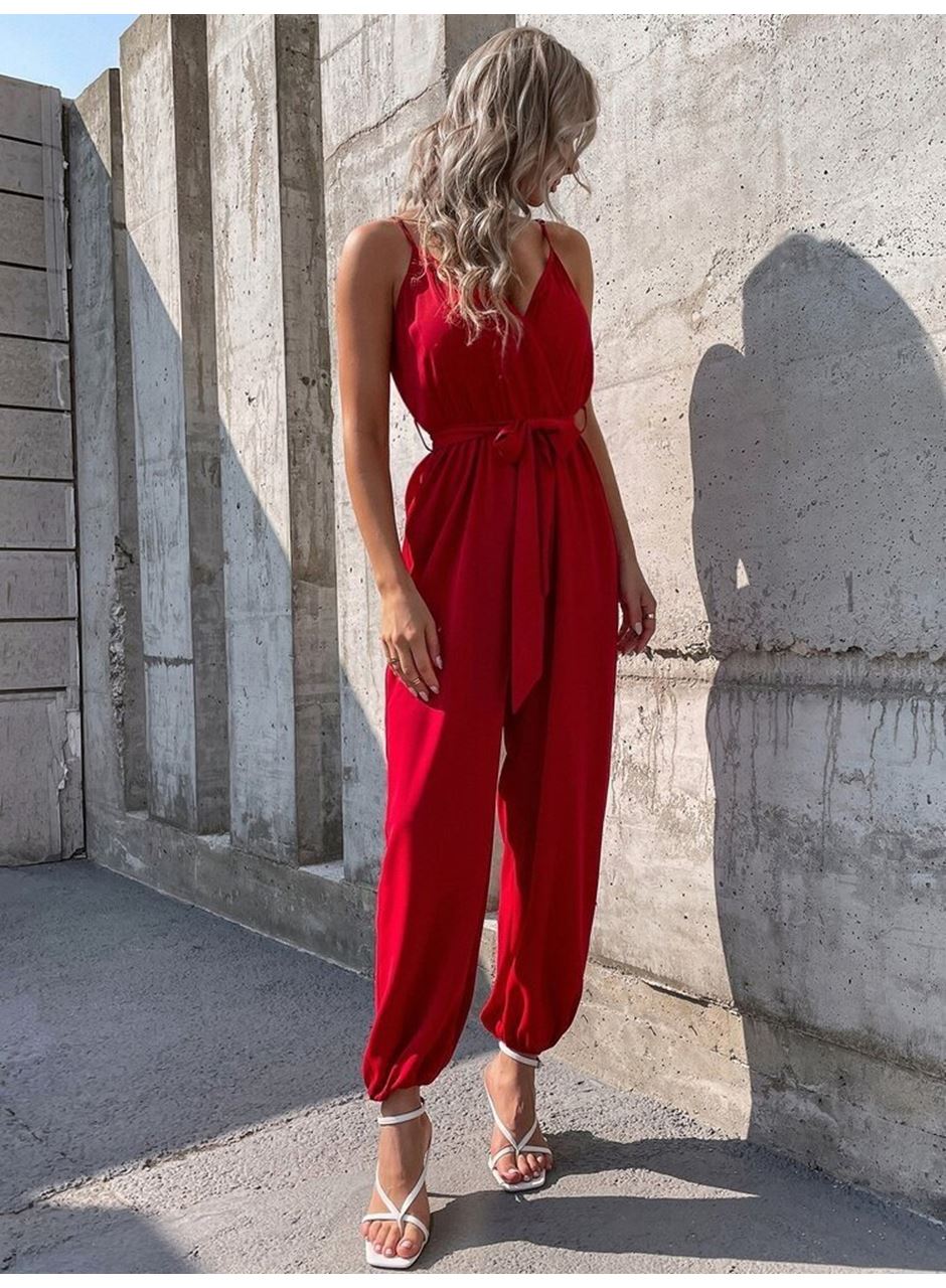 Kadın Ip Askılı Kruvaze Yakalı Belden Kuşaklı Uzun Sandy Tulum