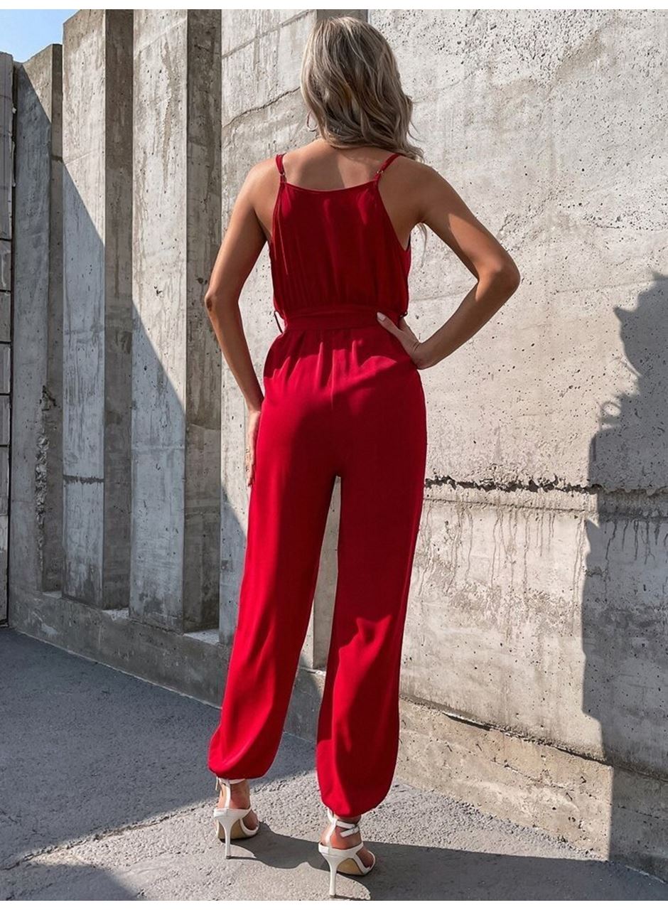 Kadın Ip Askılı Kruvaze Yakalı Belden Kuşaklı Uzun Sandy Tulum