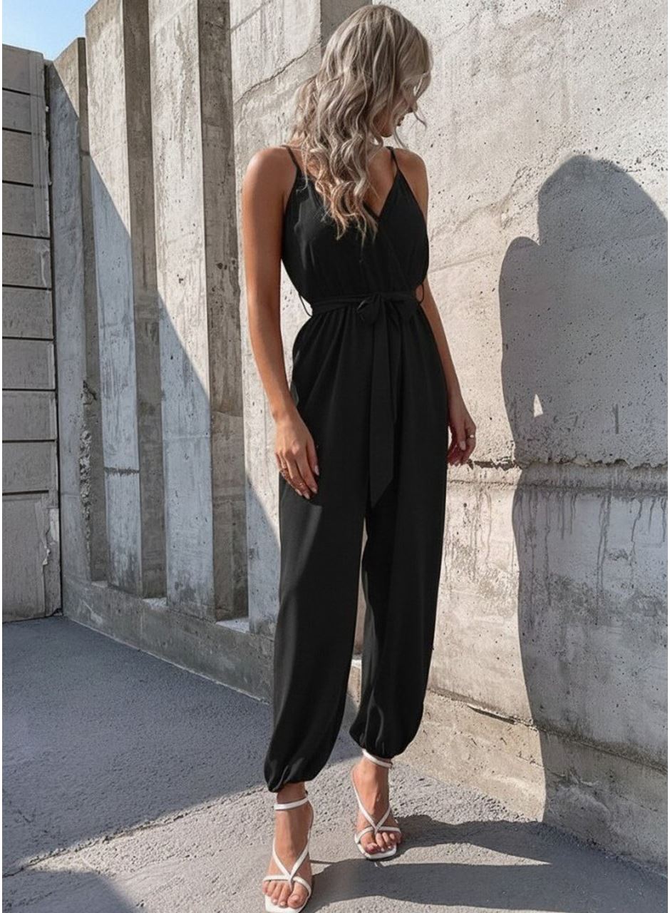 Kadın Ip Askılı Kruvaze Yakalı Belden Kuşaklı Uzun Sandy Tulum