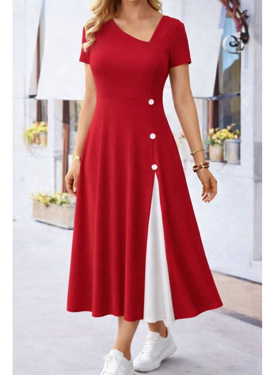 Kadın Kısa Kollu Asimetrik Yakalı Düğme Detaylı Midi Viskon Elbise