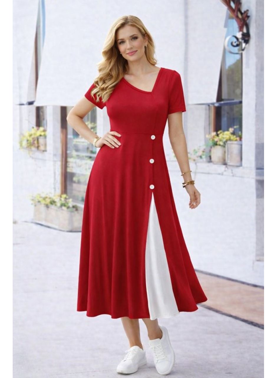 Kadın Kısa Kollu Asimetrik Yakalı Düğme Detaylı Midi Viskon Elbise