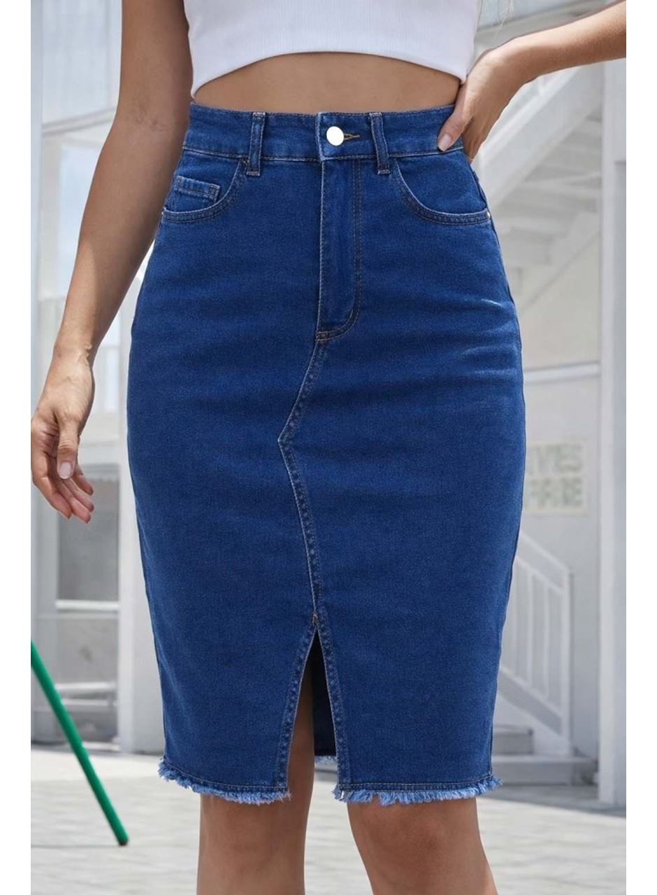 Kadın Yüksek Bel önden Yırtmaçlı Kısa Kot Etek