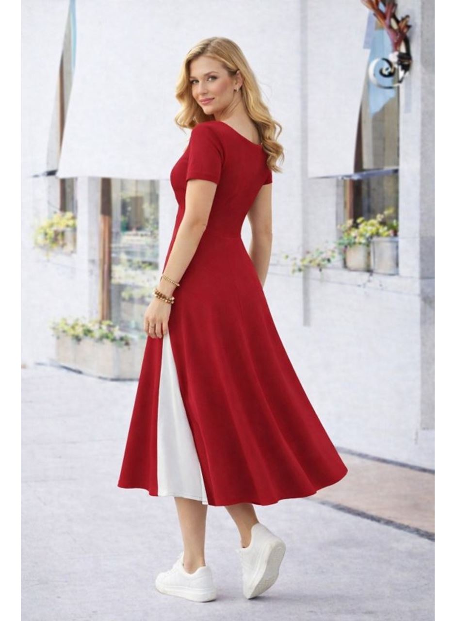 Kadın Kısa Kollu Asimetrik Yakalı Düğme Detaylı Midi Viskon Elbise