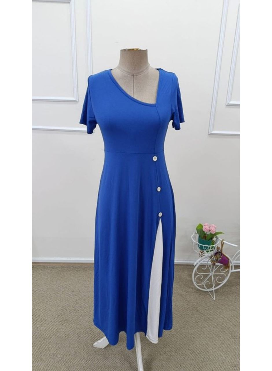 Kadın Kısa Kollu Asimetrik Yakalı Düğme Detaylı Midi Viskon Elbise