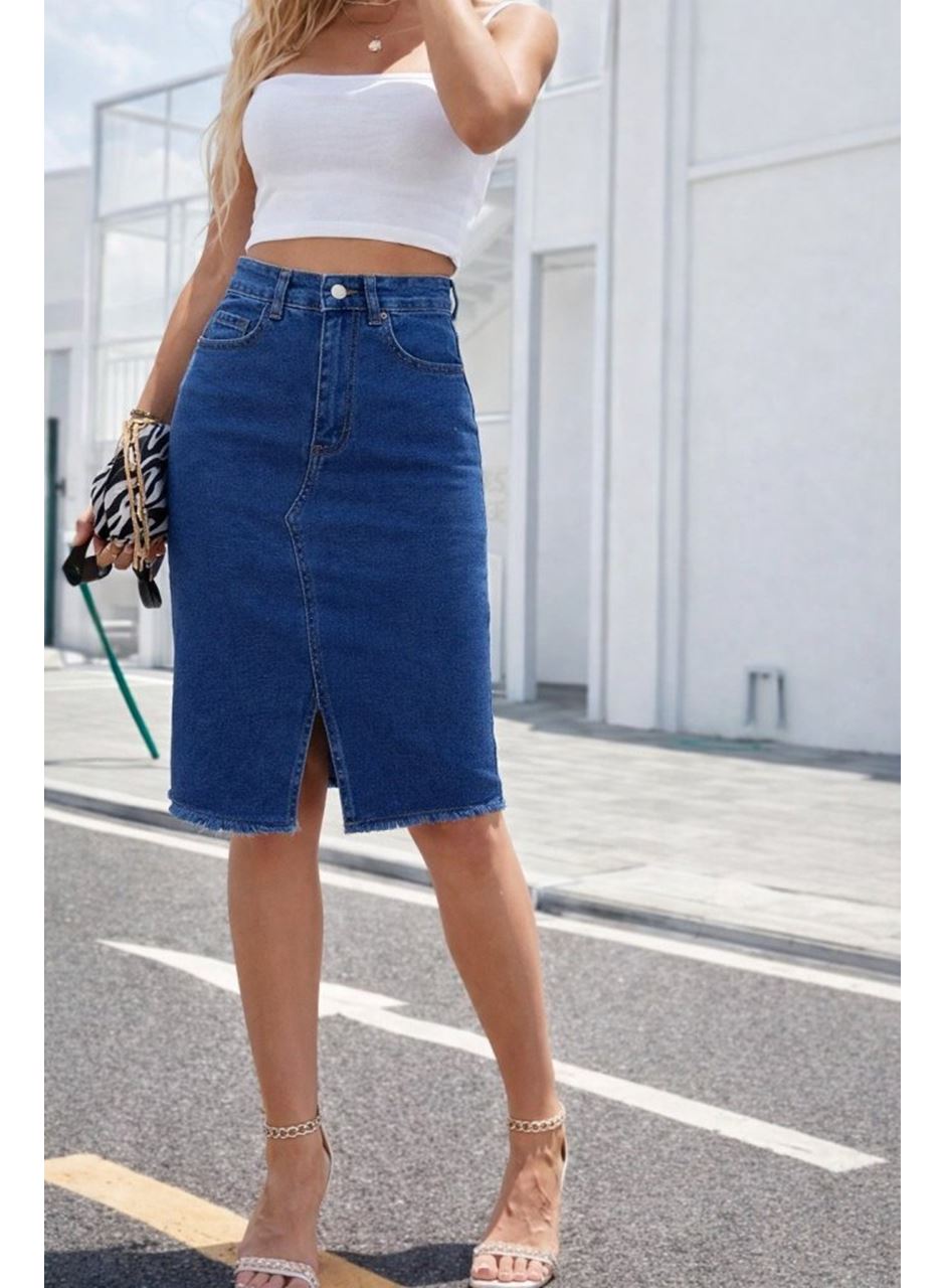 Kadın Yüksek Bel önden Yırtmaçlı Kısa Kot Etek
