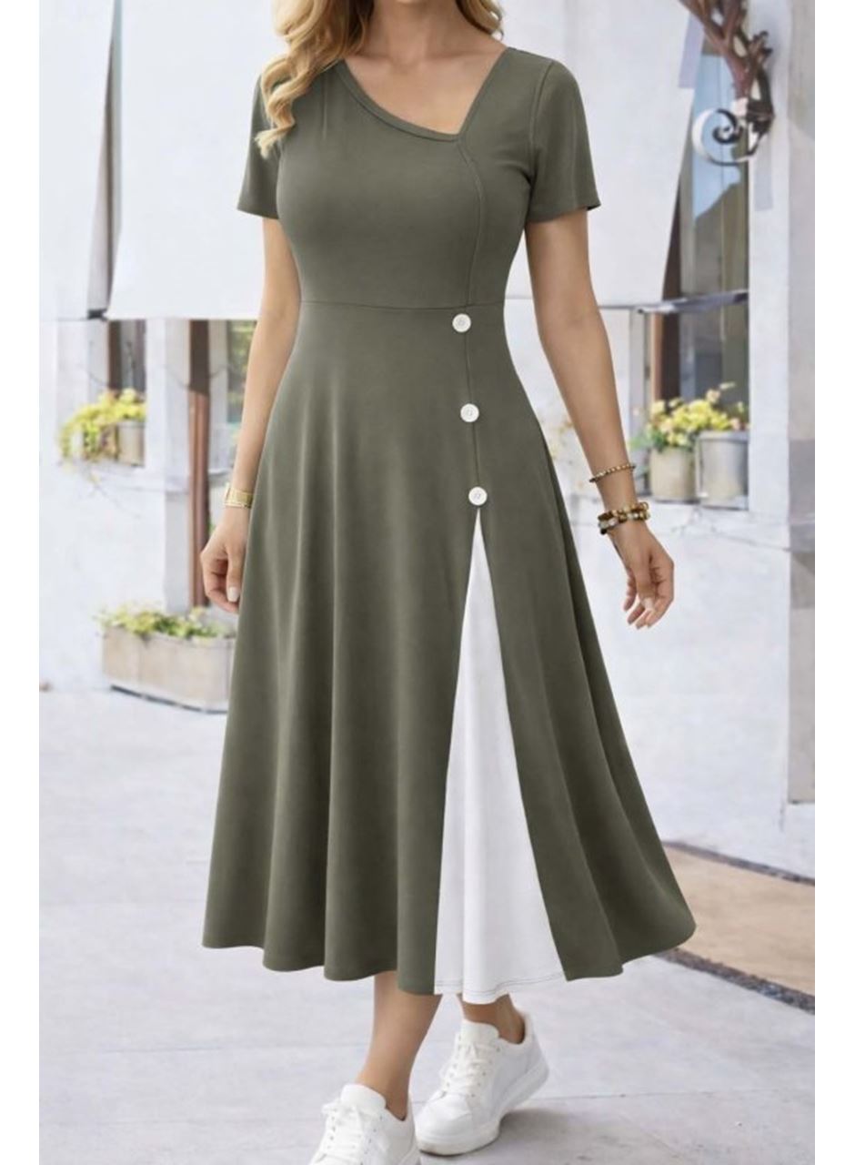 Kadın Kısa Kollu Asimetrik Yakalı Düğme Detaylı Midi Viskon Elbise