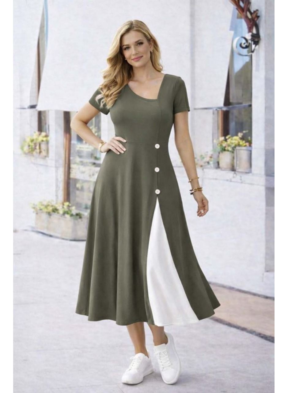 Kadın Kısa Kollu Asimetrik Yakalı Düğme Detaylı Midi Viskon Elbise