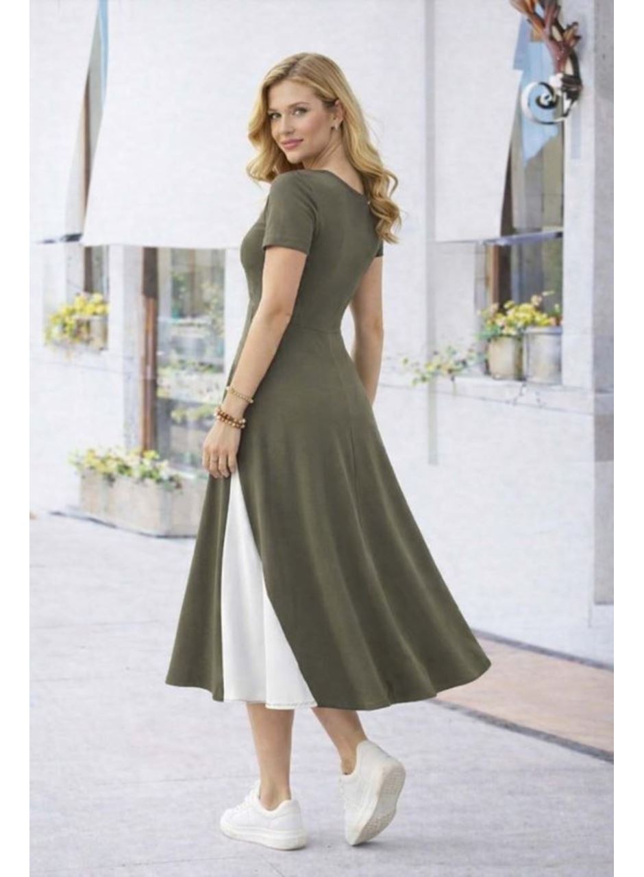 Kadın Kısa Kollu Asimetrik Yakalı Düğme Detaylı Midi Viskon Elbise