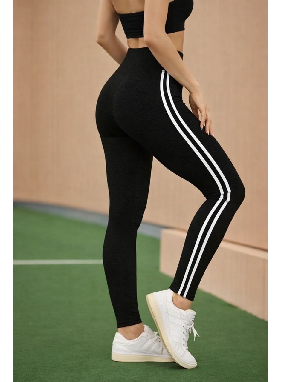Kadın Yüksek Bel Yanları şerit Detaylı Uzun Sporcu Tayt