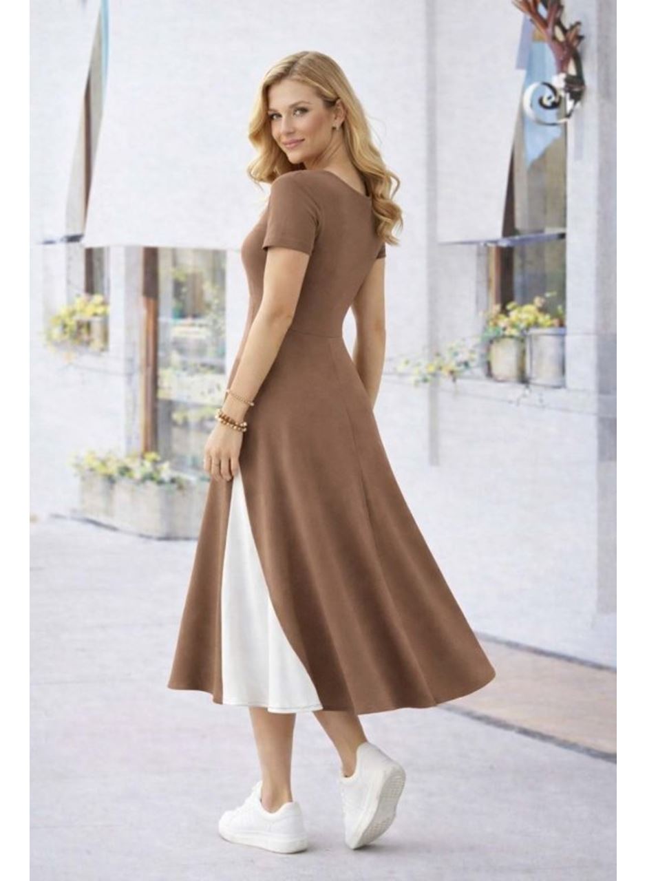 Kadın Kısa Kollu Asimetrik Yakalı Düğme Detaylı Midi Viskon Elbise