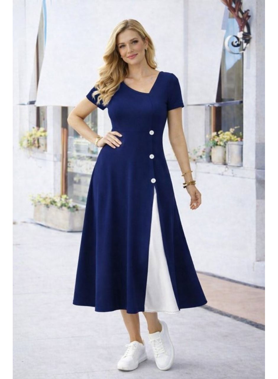 Kadın Kısa Kollu Asimetrik Yakalı Düğme Detaylı Midi Viskon Elbise