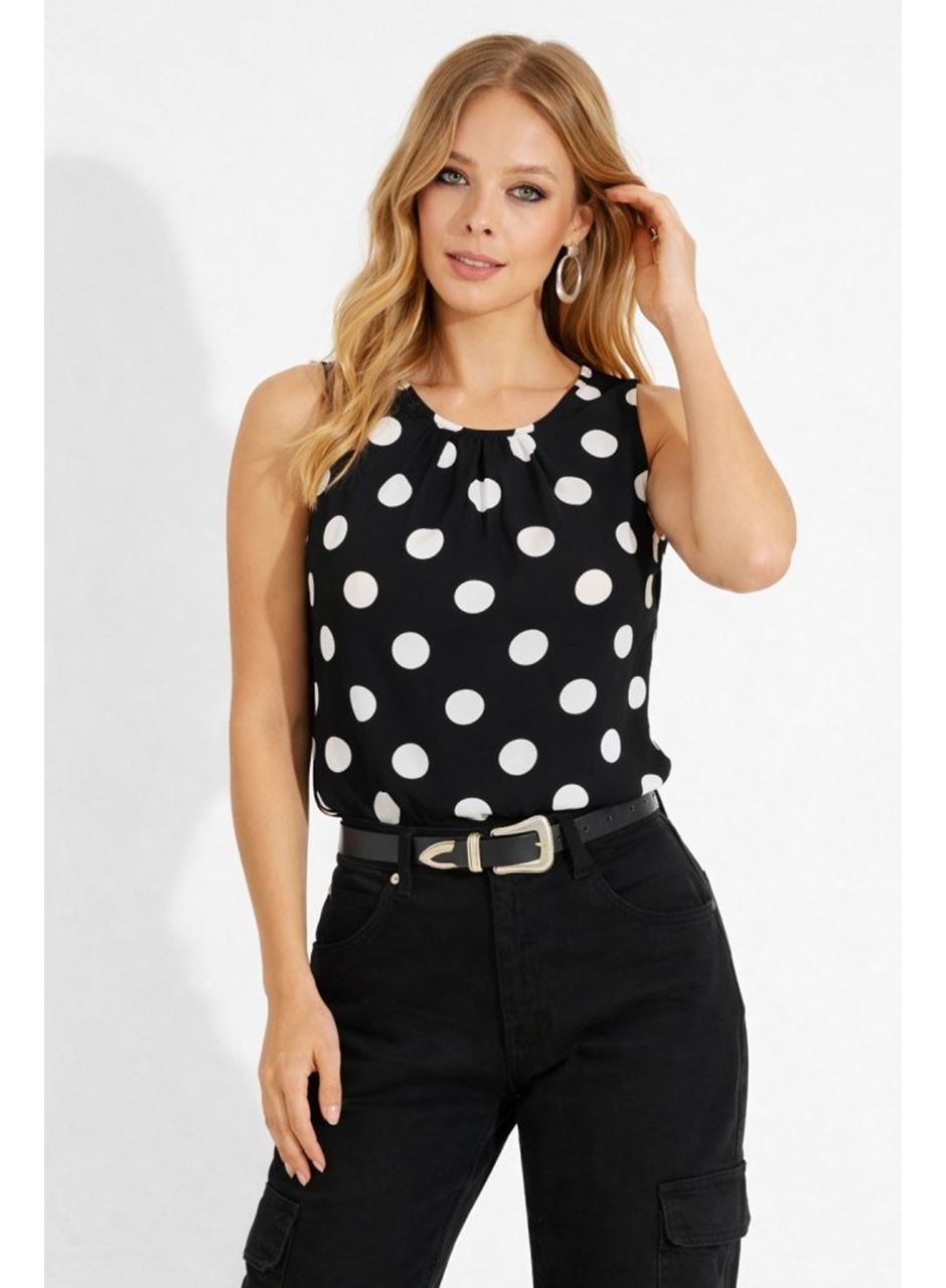 Kadın Askılı Yakası Büzgülü Puantiyeli Atlas Bluz