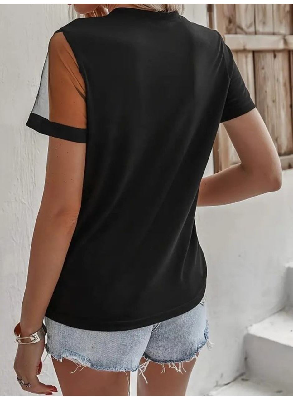 Kadın Kısa Kollu Tül Detaylı Taşlı Janjan Krep Bluz