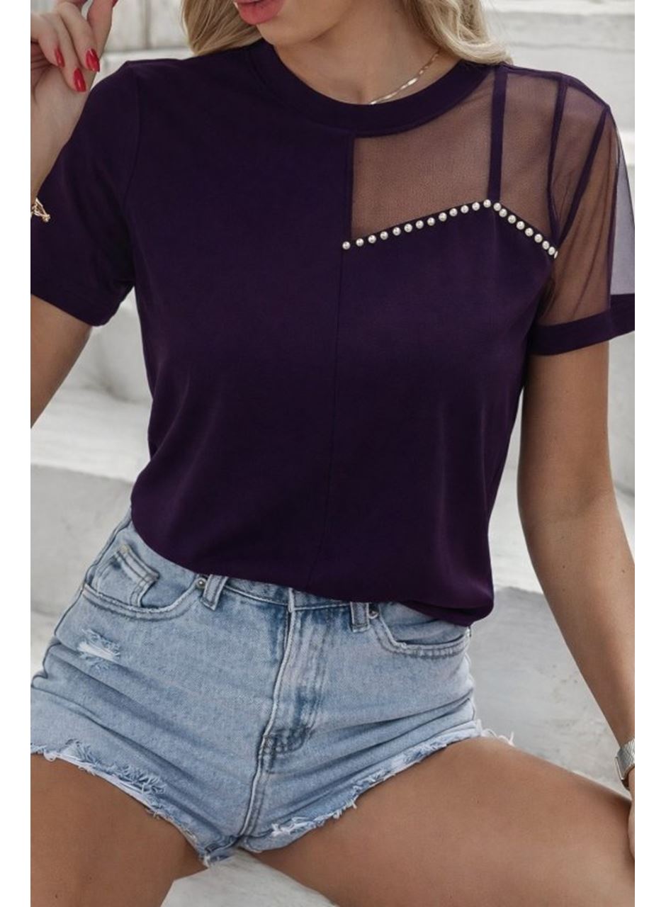 Kadın Kısa Kollu Tül Detaylı Taşlı Janjan Krep Bluz