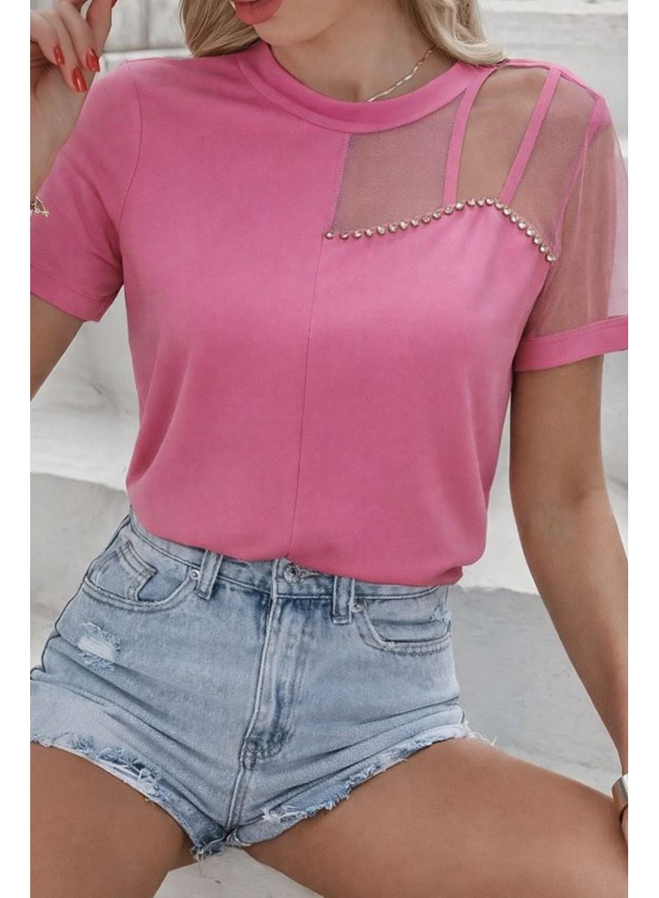 Kadın Kısa Kollu Tül Detaylı Taşlı Janjan Krep Bluz