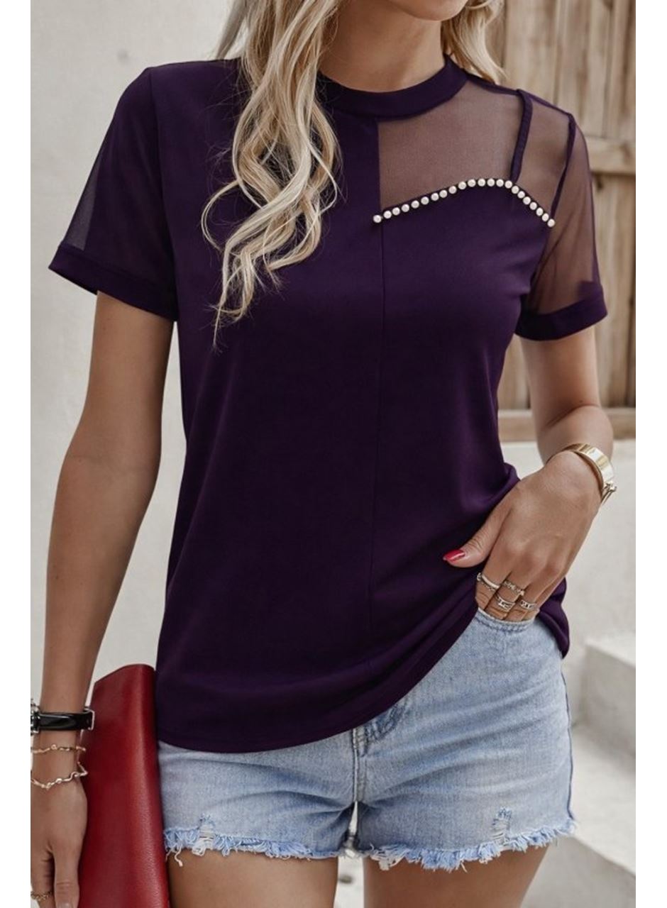 Kadın Kısa Kollu Tül Detaylı Taşlı Janjan Krep Bluz