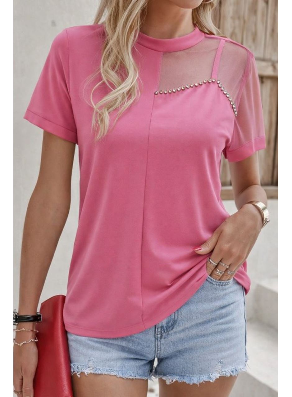 Kadın Kısa Kollu Tül Detaylı Taşlı Janjan Krep Bluz