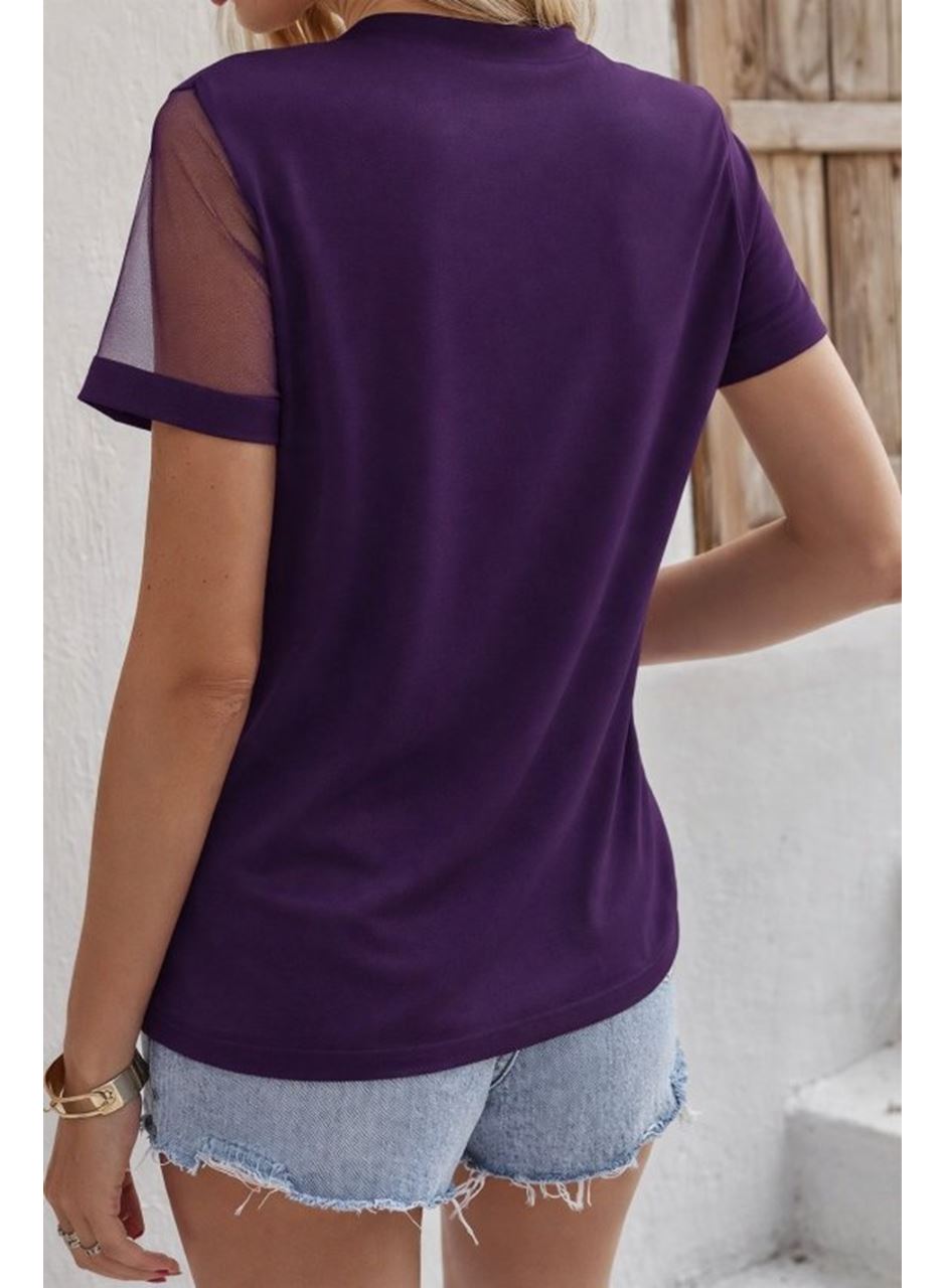 Kadın Kısa Kollu Tül Detaylı Taşlı Janjan Krep Bluz