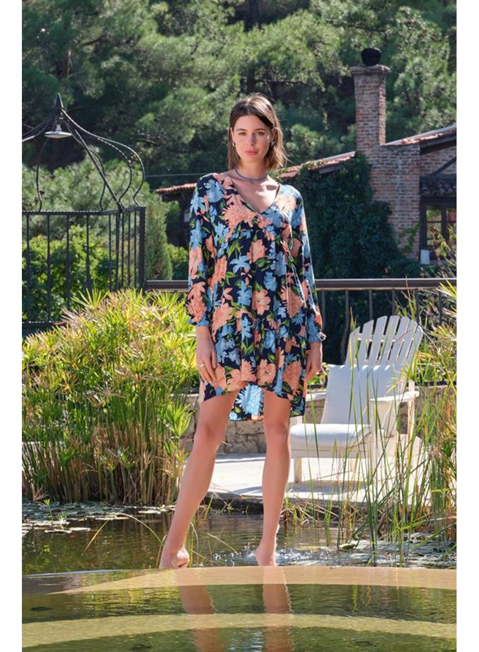 Viskon Çiçek ve Yaprak Desenli Uzun Kollu Elbise