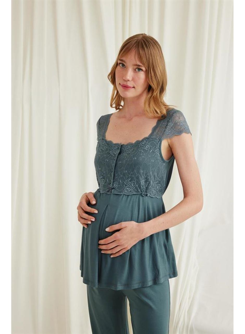 Dantelli Önü Düğmeli Hamile Lohusa 3'lü Viskon Pijama Takımı