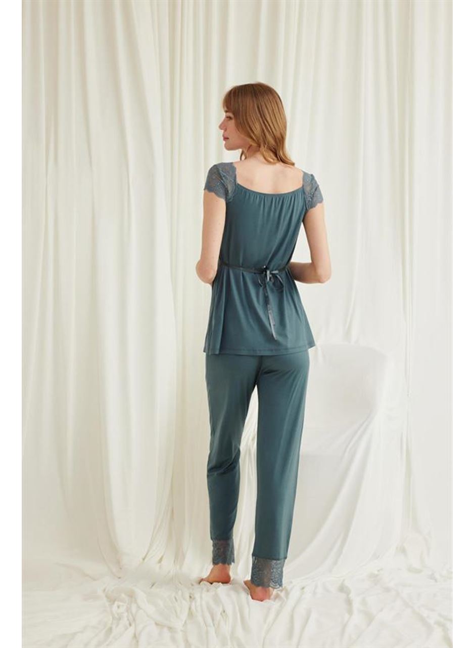 Dantelli Önü Düğmeli Hamile Lohusa 3'lü Viskon Pijama Takımı